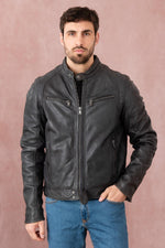 Slim-fit lambskin jacket in midnight blue, soft and timelessly styled. - Image n°2