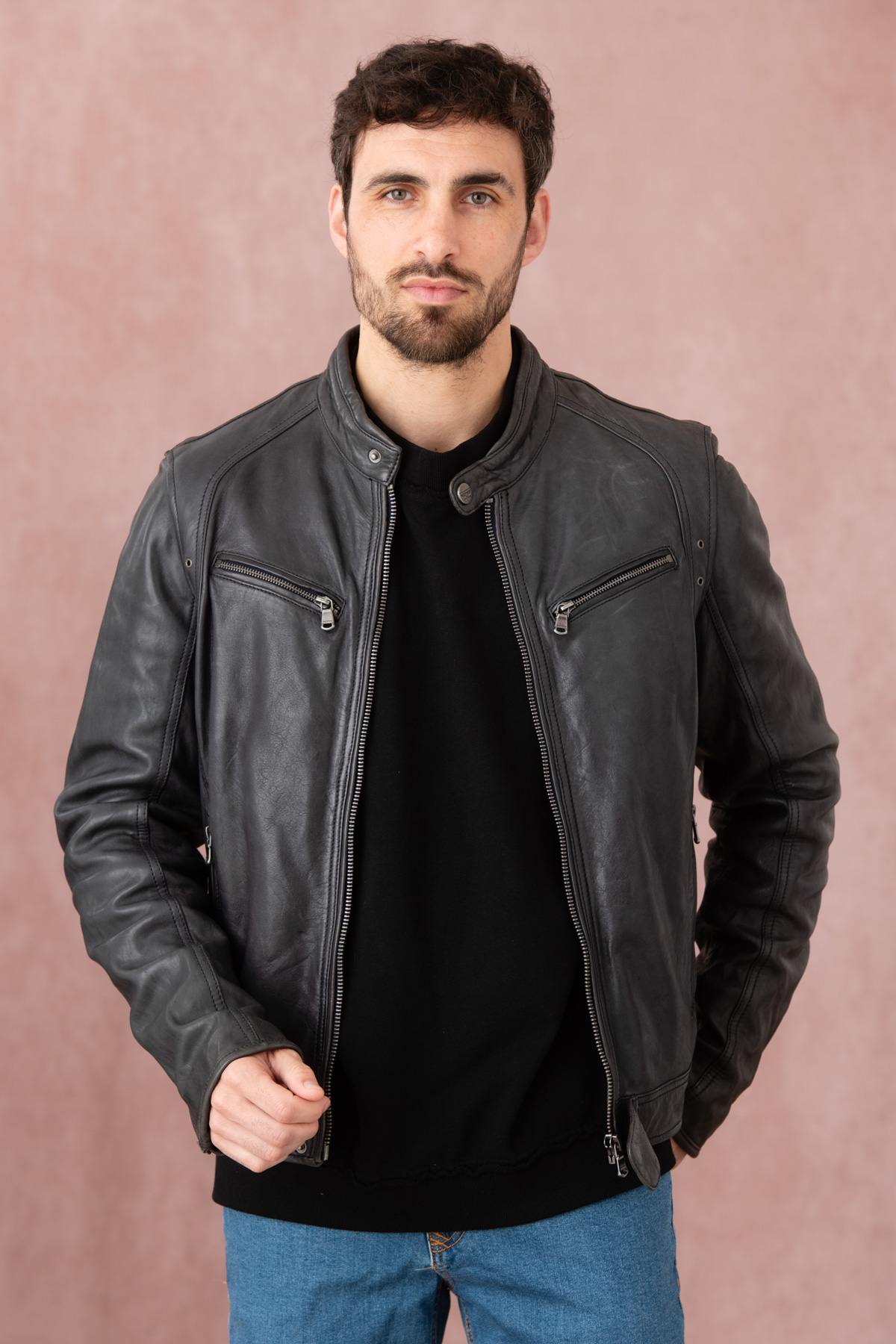 Slim-fit lambskin jacket in midnight blue, soft and timelessly styled. - Image n°8