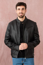 Black leather jacket with biker collar and stitching on the sides - Image n°1