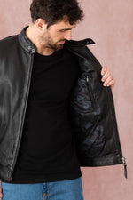 Black leather jacket with biker collar and stitching on the sides - Image n°5