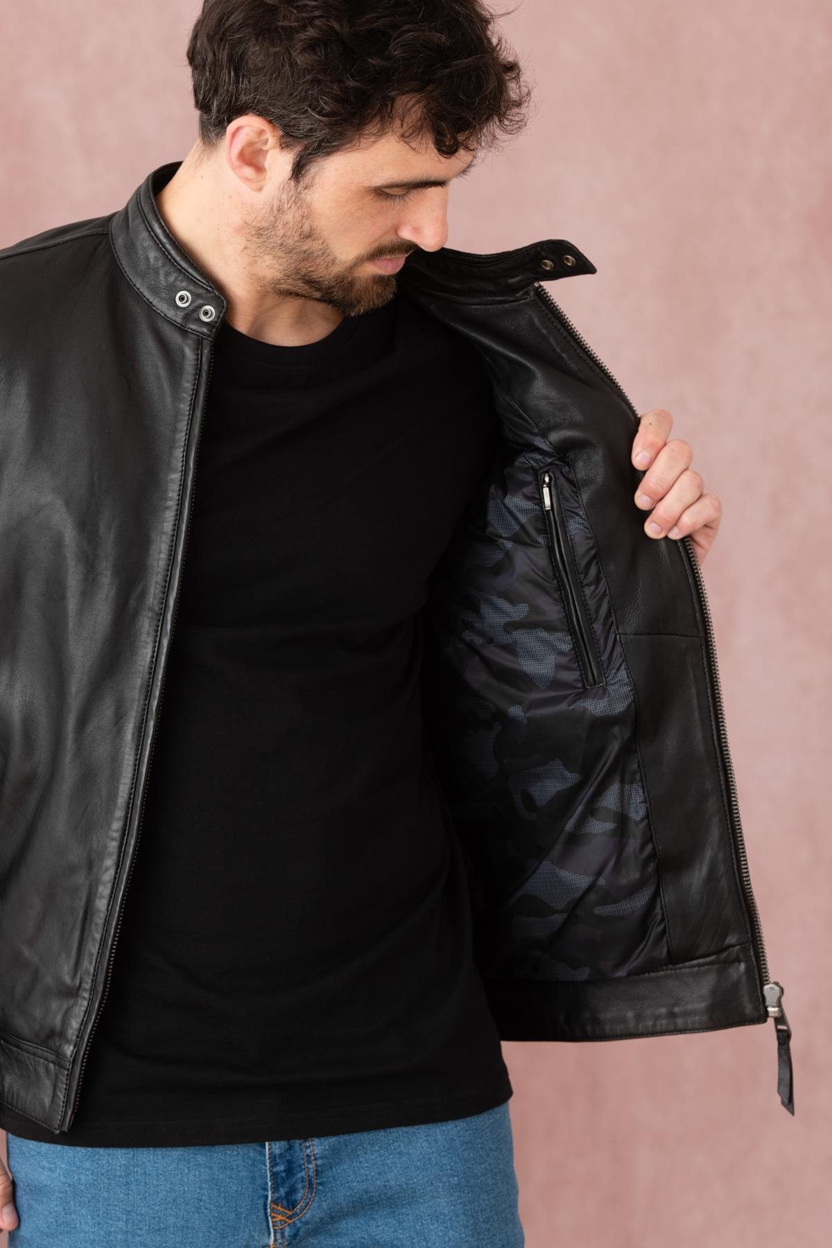 Black leather jacket with biker collar and stitching on the sides - Image n°5
