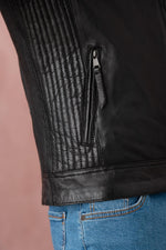 Black leather jacket with biker collar and stitching on the sides - Image n°3