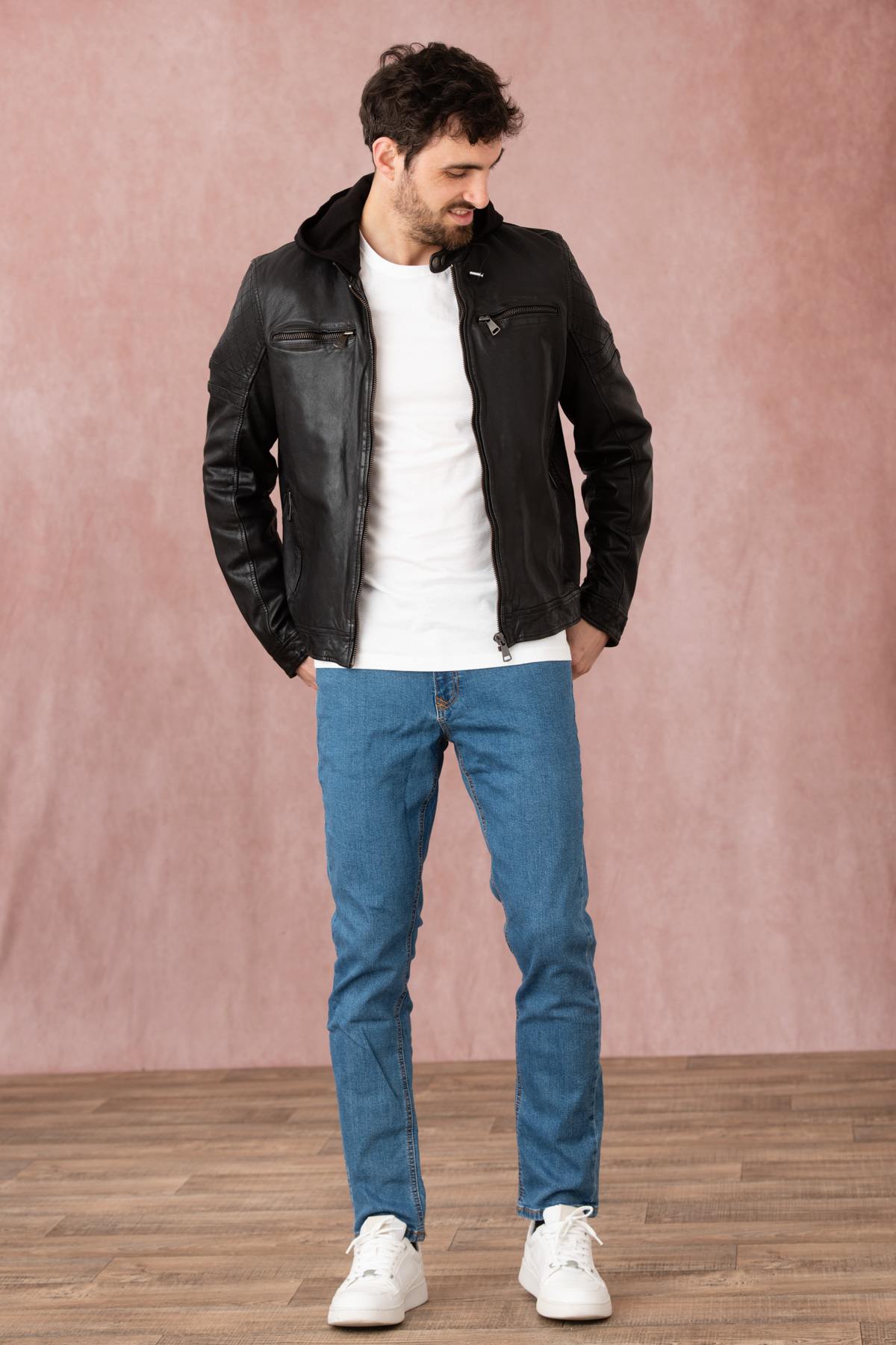 Biker-style sheep leather jacket by Redskins with detachable hood. - Image n°3