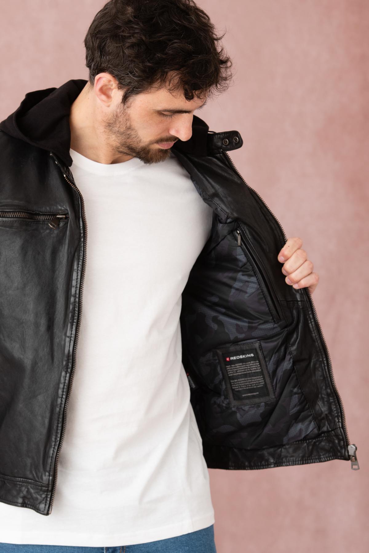Biker-style sheep leather jacket by Redskins with detachable hood. - Image n°7
