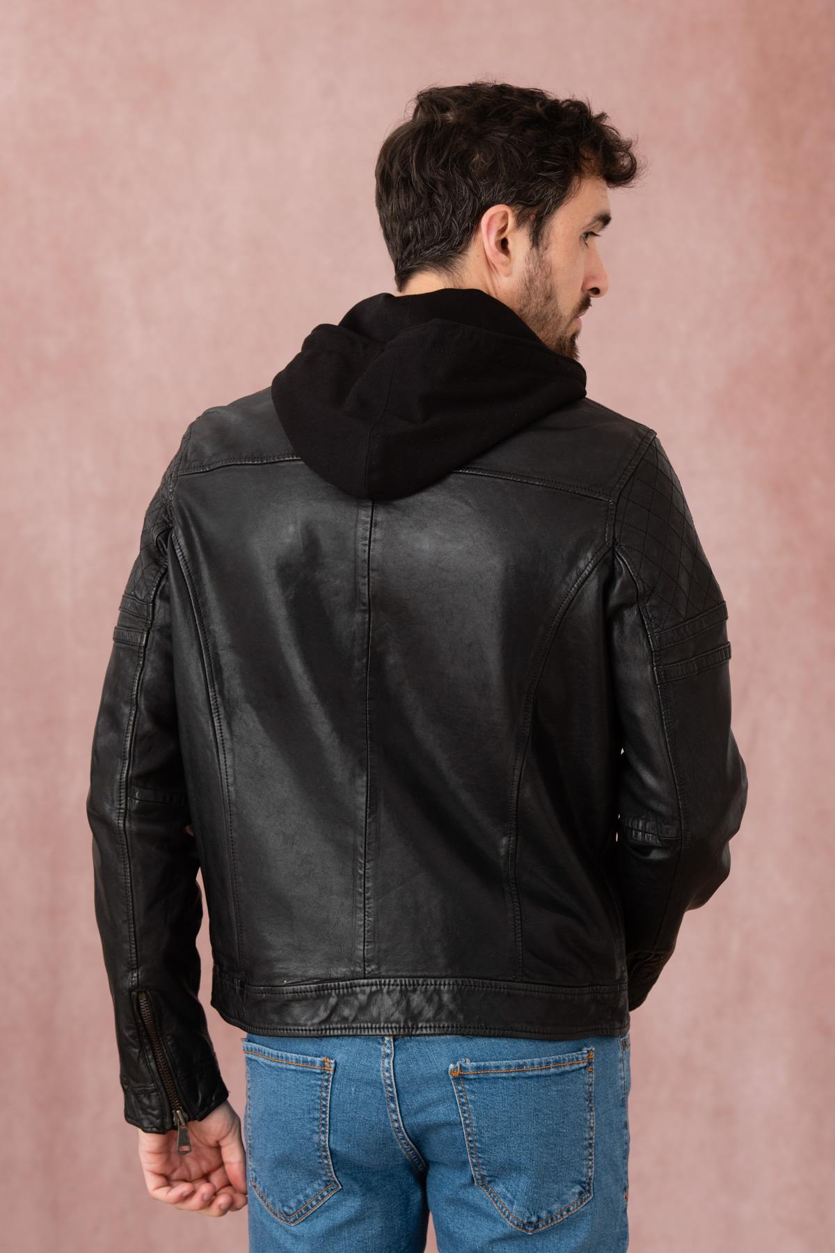 Biker-style sheep leather jacket by Redskins with detachable hood. - Image n°2