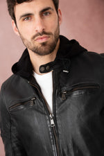 Biker-style sheep leather jacket by Redskins with detachable hood. - Image n°4