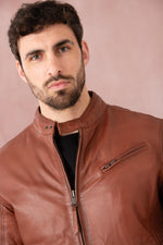 Cognac sheepskin biker jacket, rugged yet refined for urban style. - Image n°6