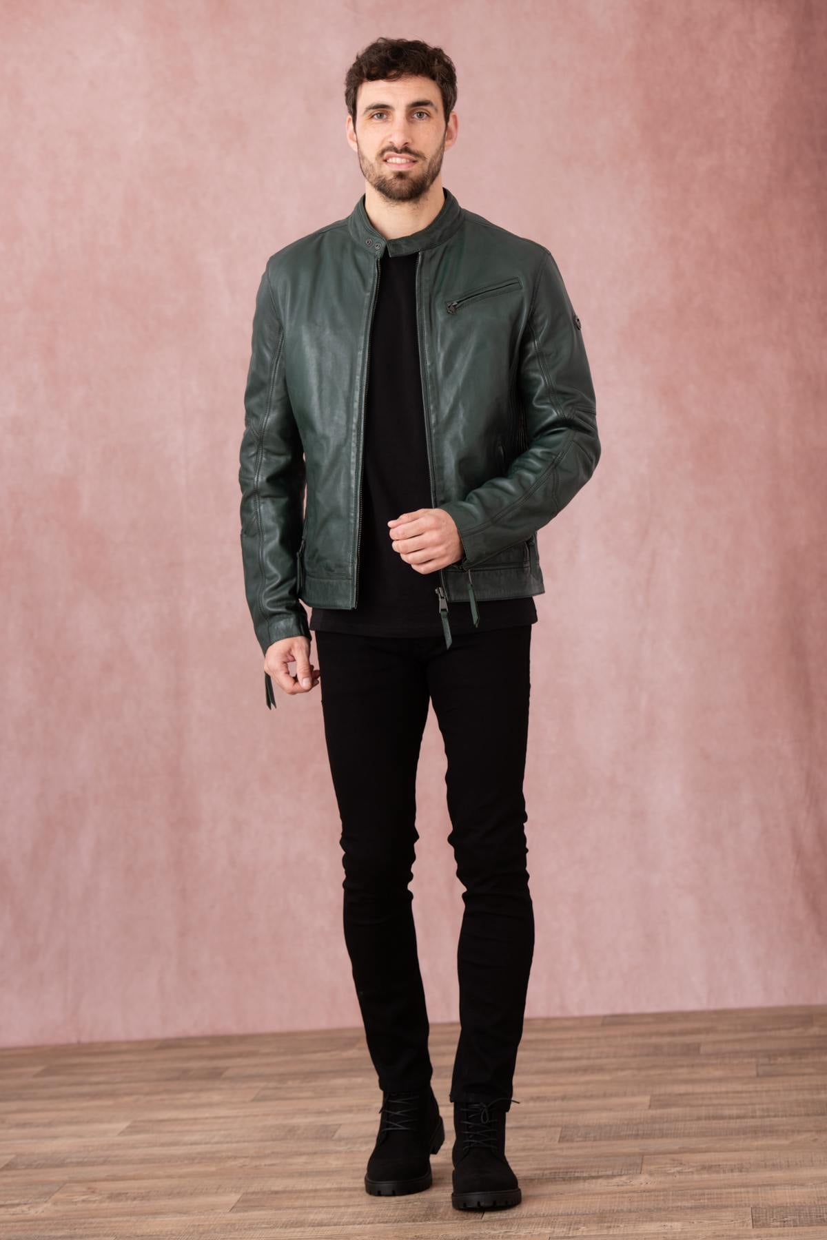 A forest-green lambskin biker jacket by Redskins with snap collar. - Image n°4