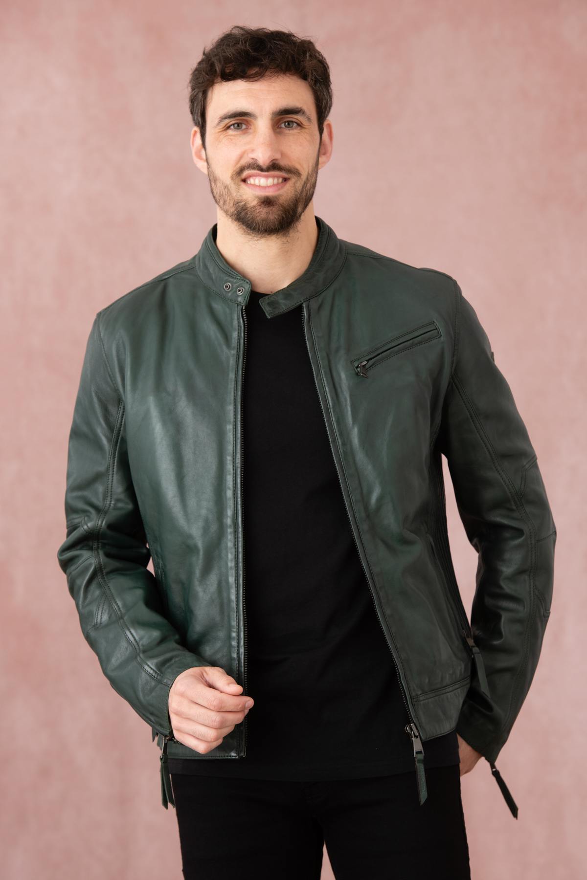 A forest-green lambskin biker jacket by Redskins with snap collar. - Image n°1