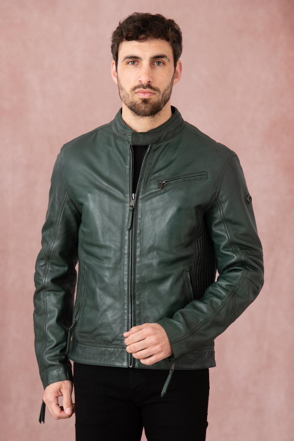 A forest-green lambskin biker jacket by Redskins with snap collar. - Image n°5