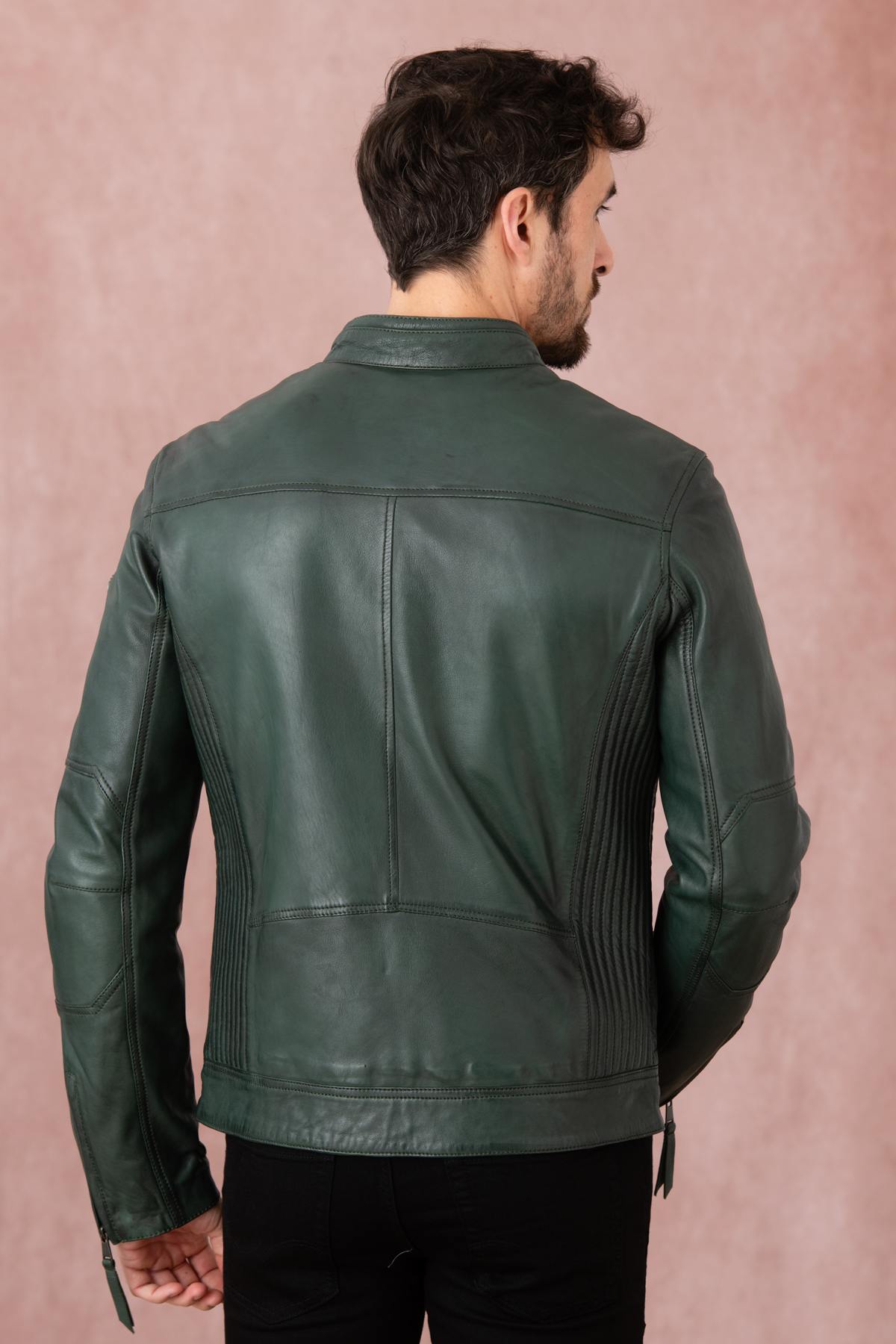 A forest-green lambskin biker jacket by Redskins with snap collar. - Image n°6