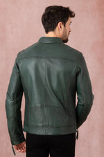 A forest-green lambskin biker jacket by Redskins with snap collar. - Image n°6