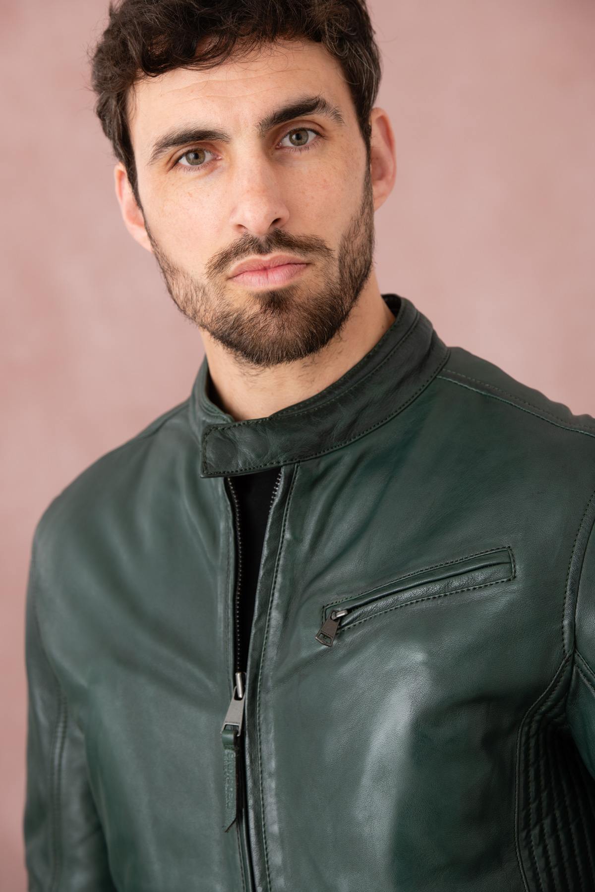 A forest-green lambskin biker jacket by Redskins with snap collar. - Image n°2