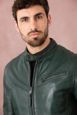 A forest-green lambskin biker jacket by Redskins with snap collar. - Image n°2