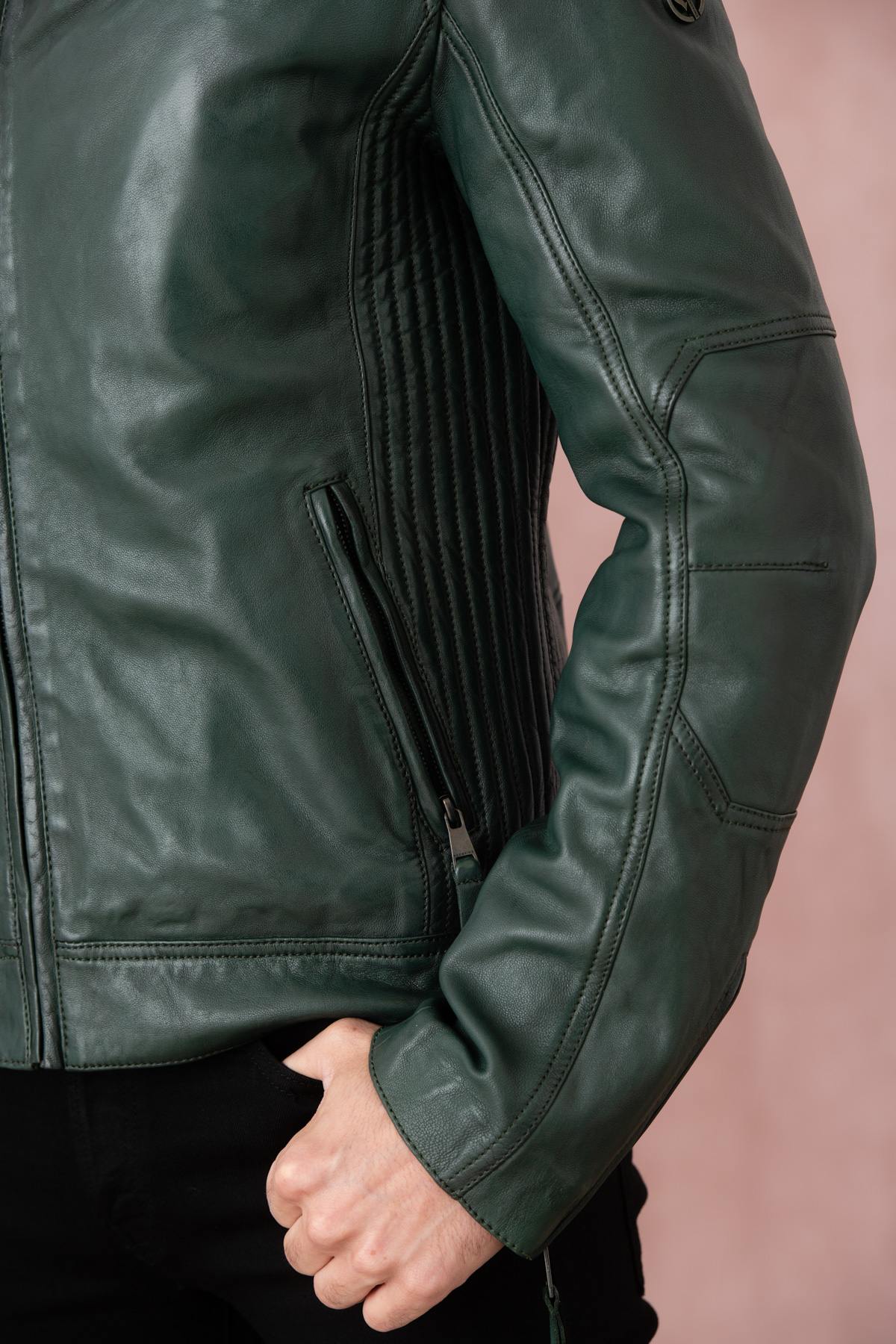 A forest-green lambskin biker jacket by Redskins with snap collar. - Image n°7