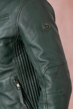 A forest-green lambskin biker jacket by Redskins with snap collar. - Image n°3