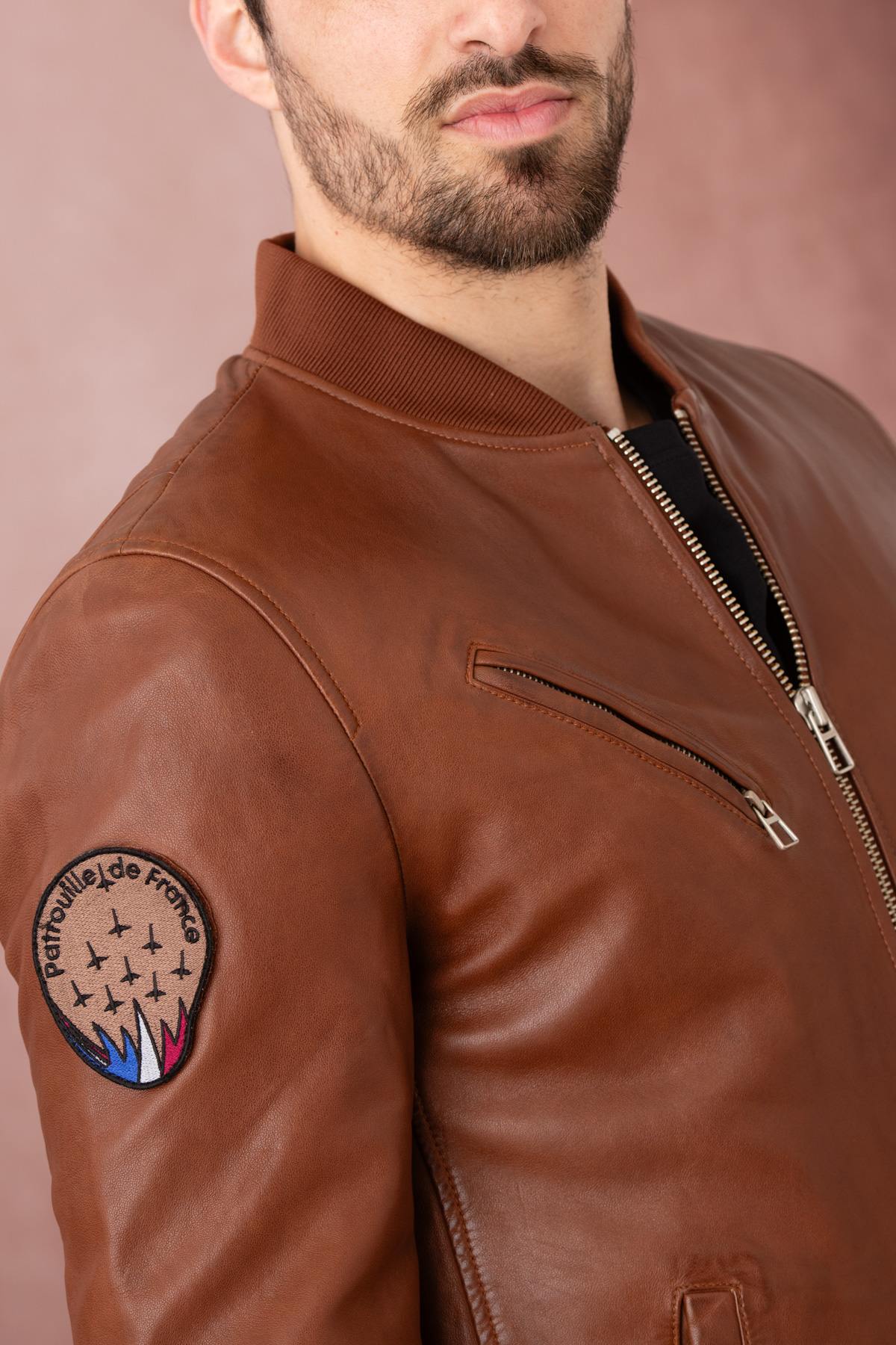 Slim lambskin bomber with moto collar and Patrouille de France patch. - Image n°6