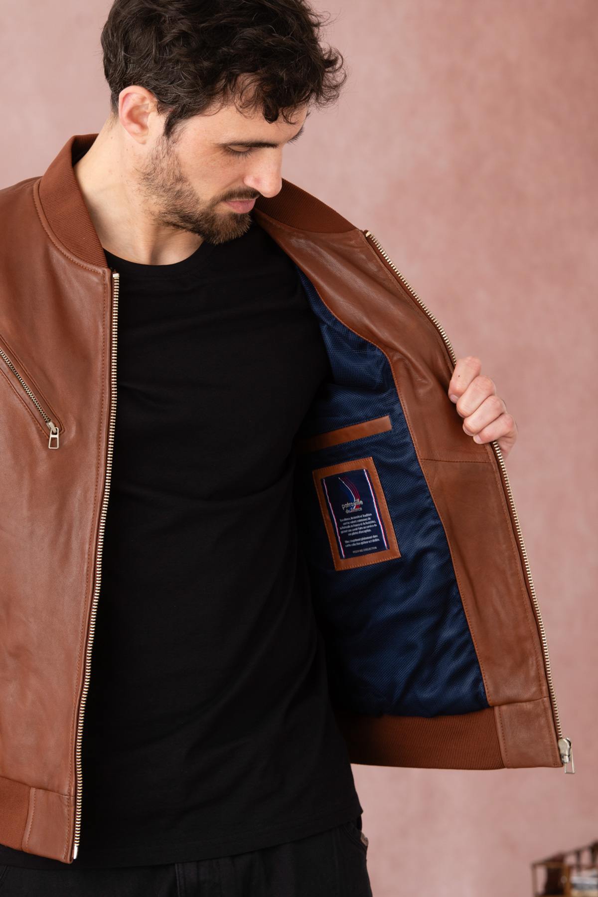 Slim lambskin bomber with moto collar and Patrouille de France patch. - Image n°11