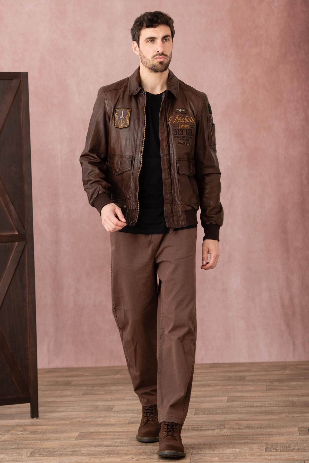 Slim Italian aviator jacket in Testa di Moro sheepskin leather. - Image n°8