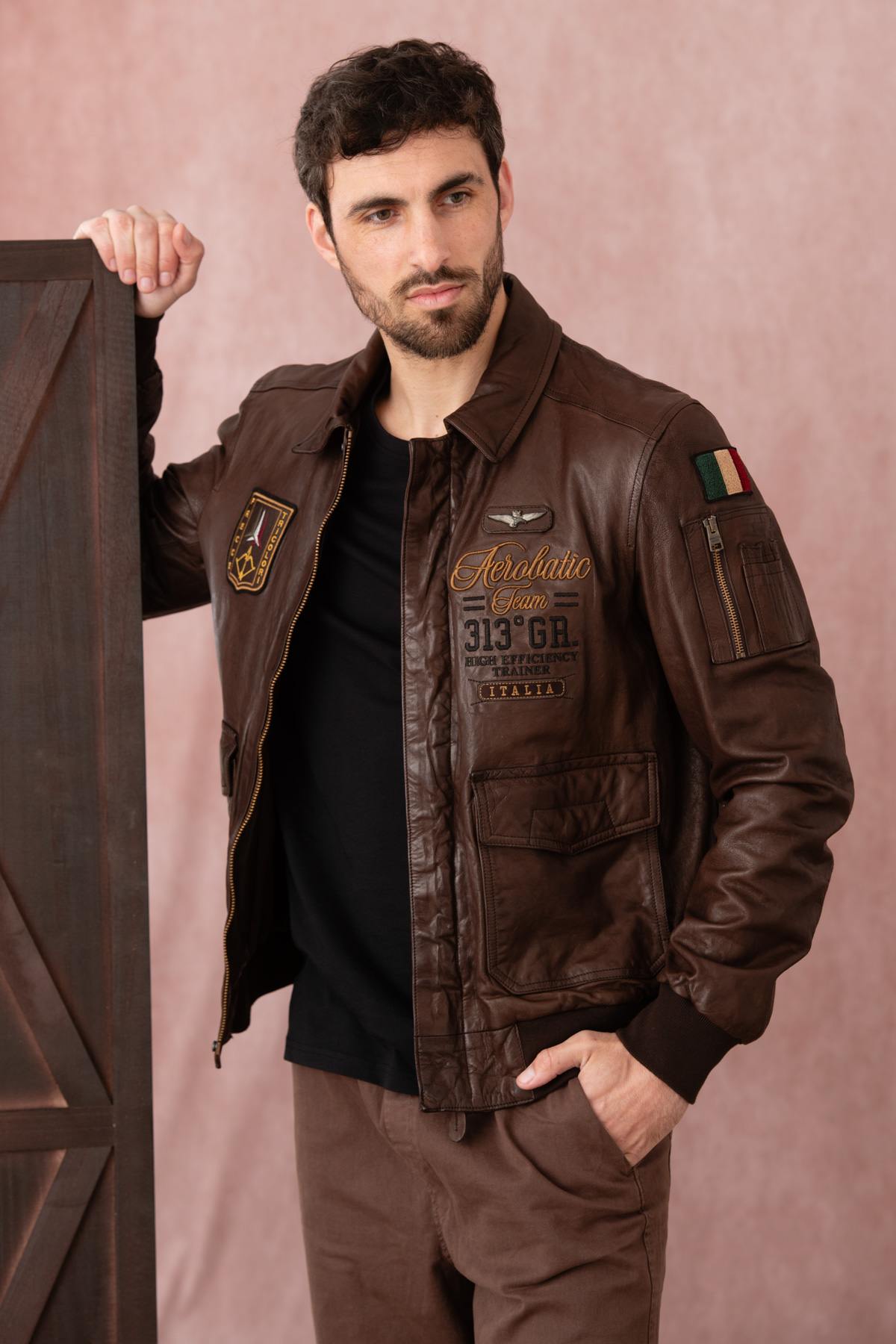 Slim Italian aviator jacket in Testa di Moro sheepskin leather. - Image n°1