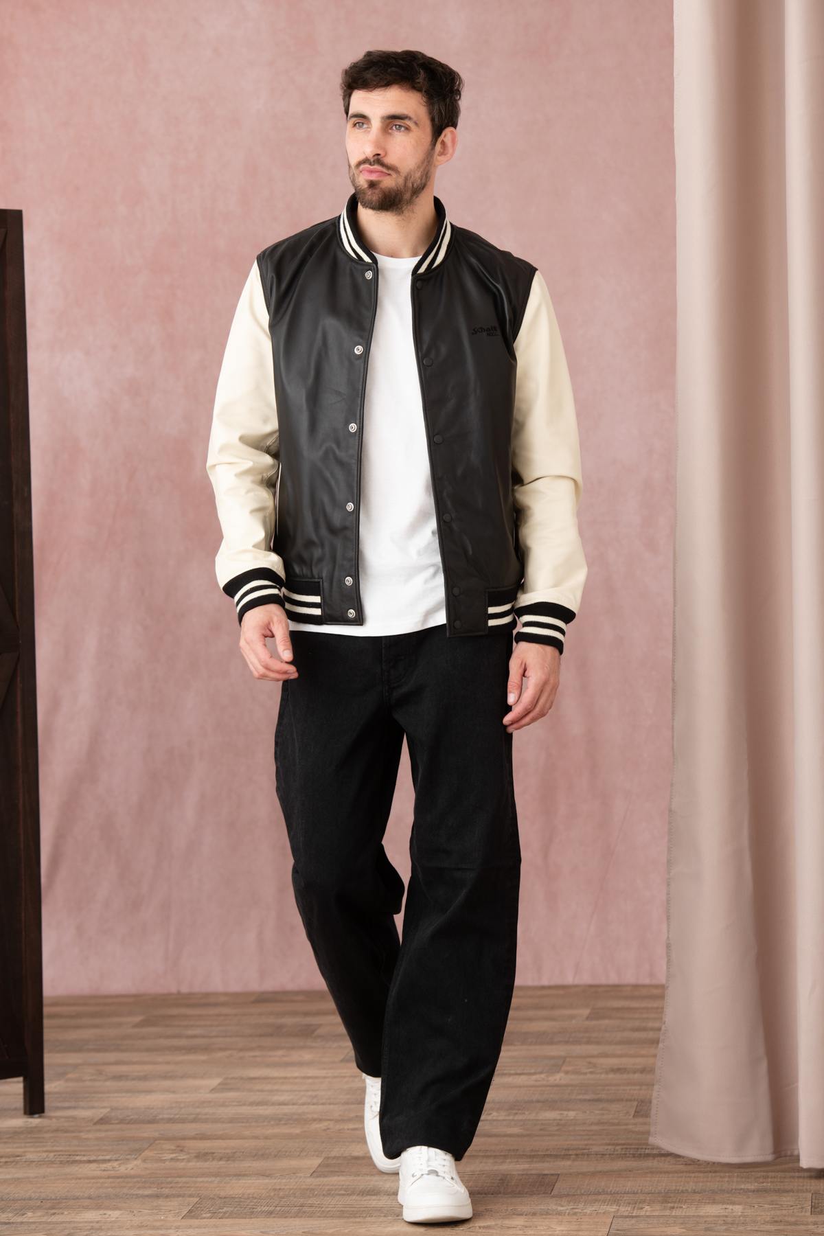 Schott's varsity-style lambskin jacket in black and off-white. - Image n°2