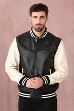 Schott's varsity-style lambskin jacket in black and off-white. - Image n°6