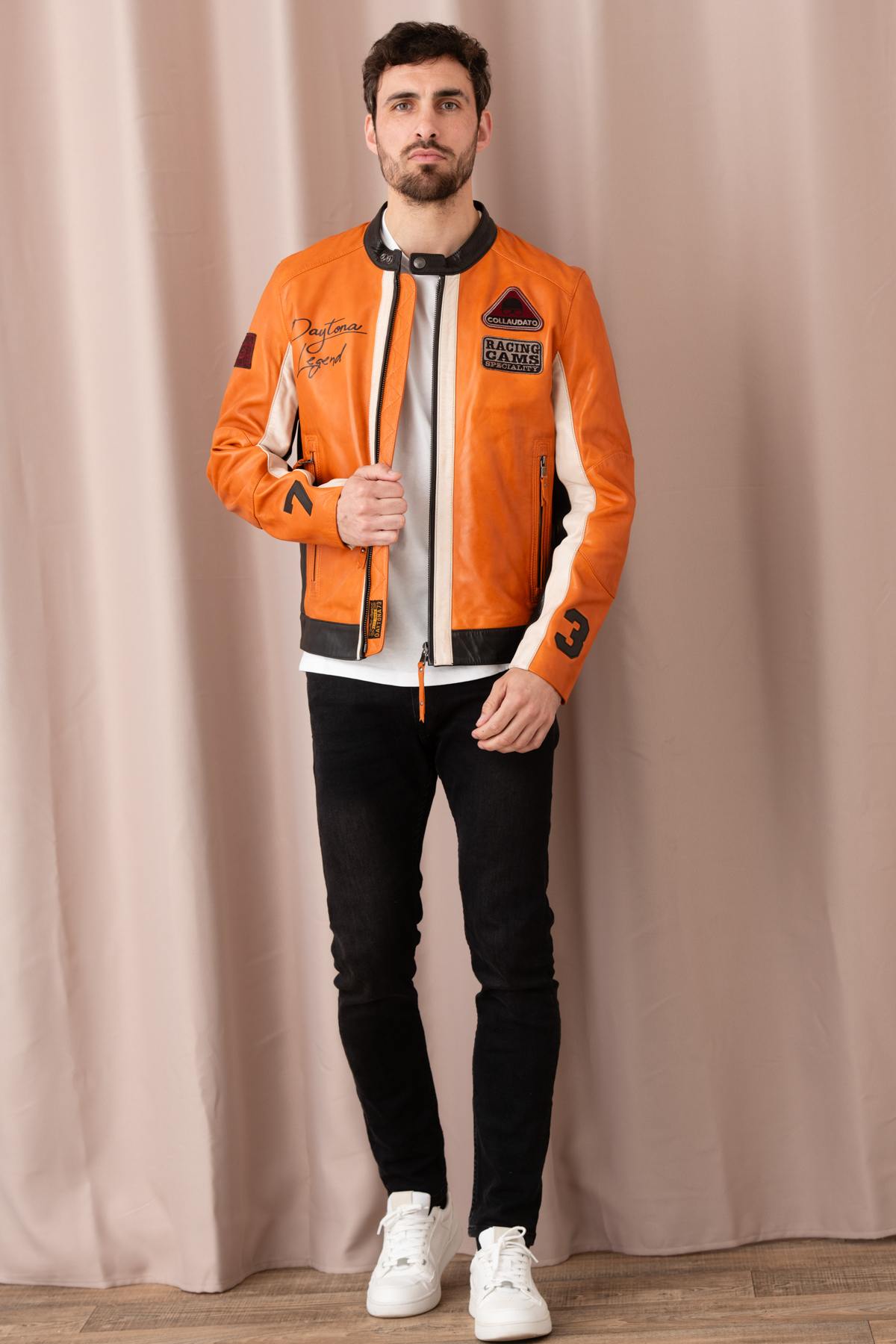 Burnt orange biker jacket in soft, vegetable-tanned sheepskin. - Image n°7