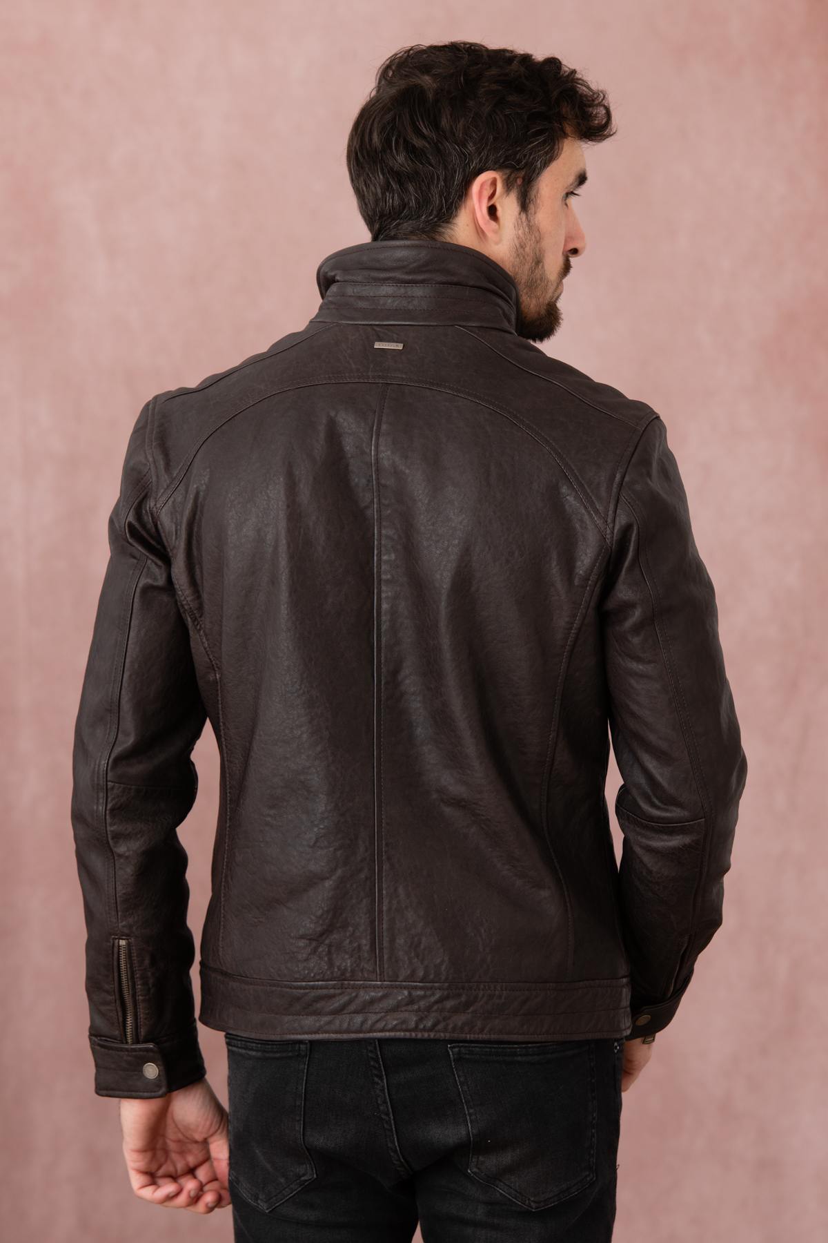 Brown leather jacket with stand-up collar - Image n°5