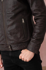Brown leather jacket with stand-up collar - Image n°7