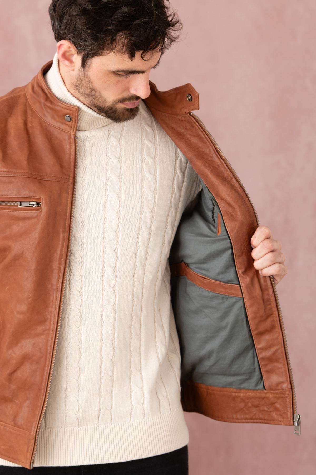 Tan leather biker-collar jacket - Image n°5