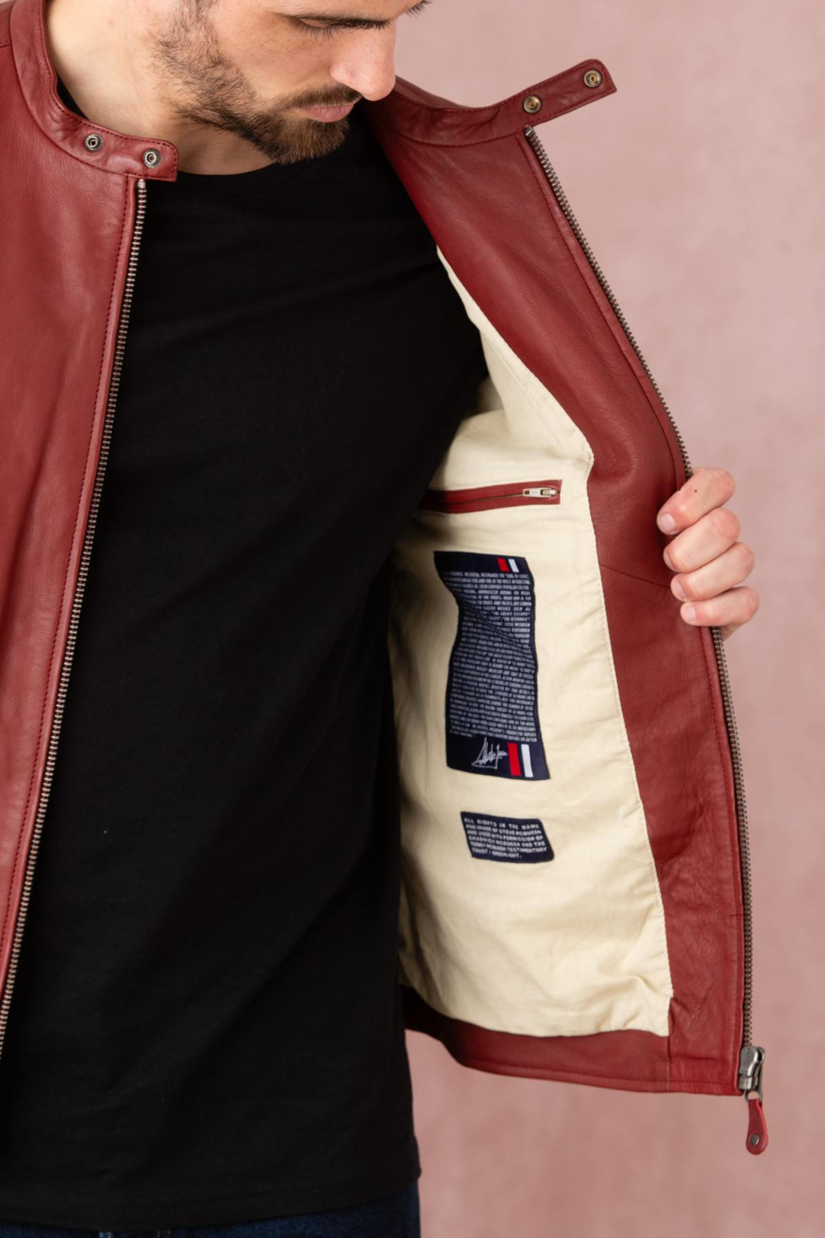 Dark red racing style leather jacket for Men - Image n°9