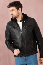 Biker-style sheep leather jacket by Redskins with detachable hood. - Image n°1