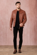 Cognac sheepskin biker jacket, rugged yet refined for urban style. - Image n°2