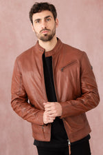 Cognac sheepskin biker jacket, rugged yet refined for urban style. - Image n°1