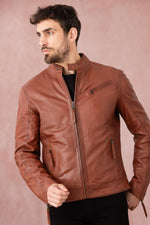 Cognac sheepskin biker jacket, rugged yet refined for urban style. - Image n°4