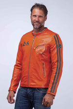 Orange racing biker collar leather jacket - Image n°4