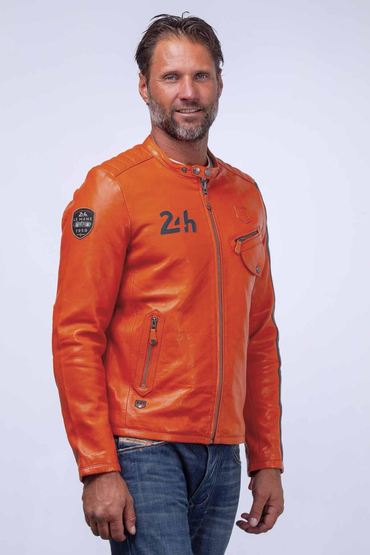 Orange racing biker collar leather jacket - Image n°6