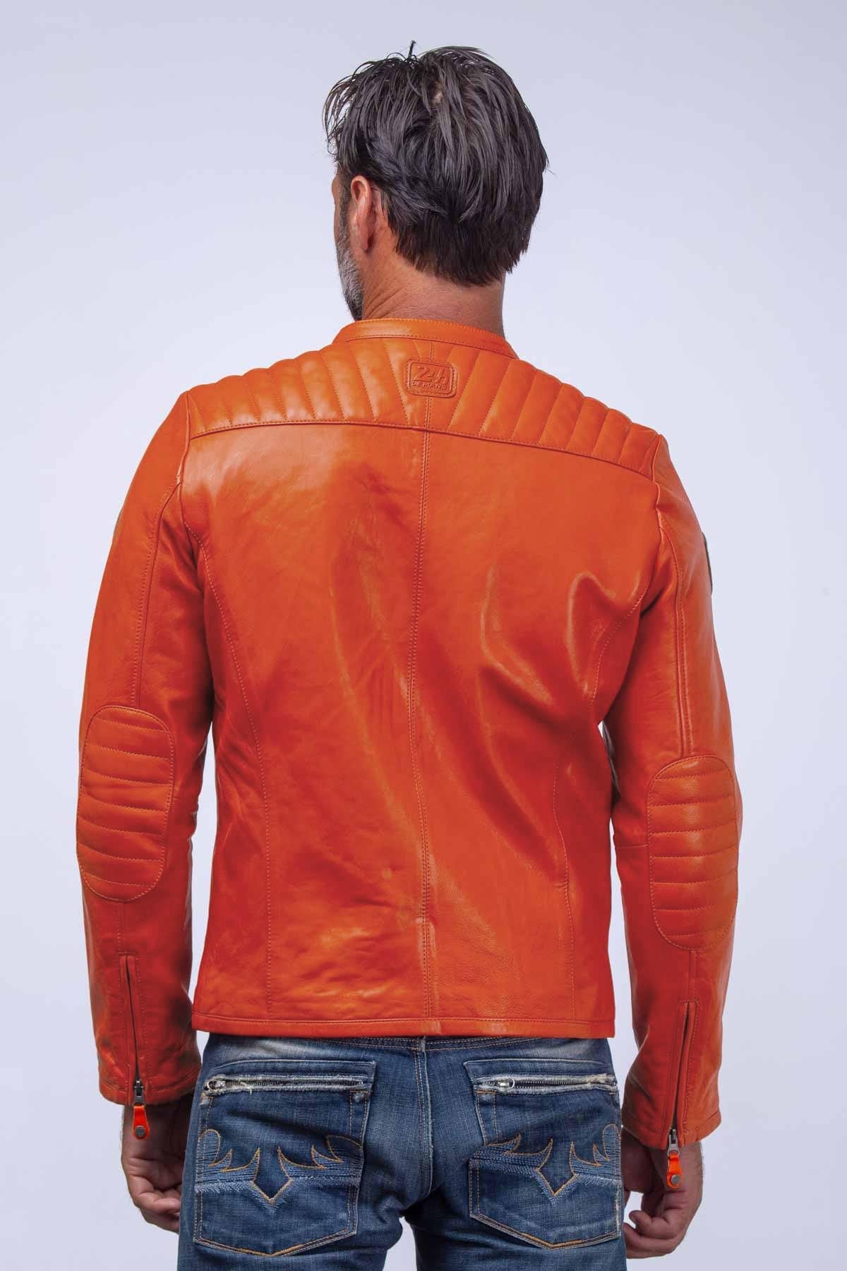 Orange racing biker collar leather jacket - Image n°5