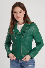 Holly green lambskin biker jacket, slimfit with metallic details. - Image n°7