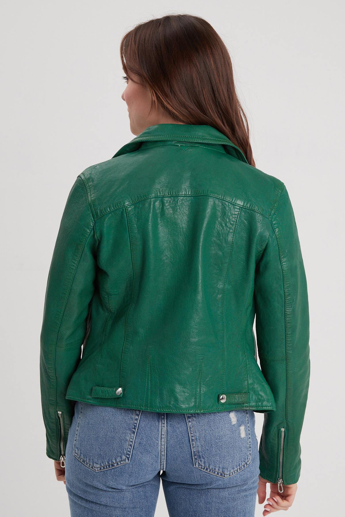 Holly green lambskin biker jacket, slimfit with metallic details. - Image n°3