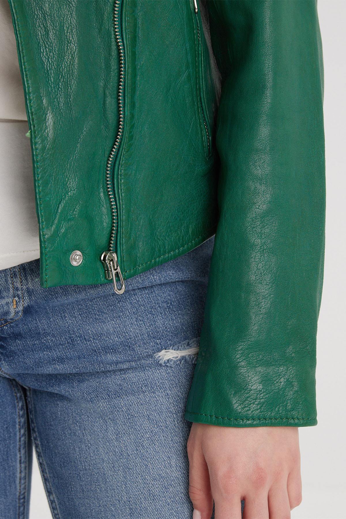 Holly green lambskin biker jacket, slimfit with metallic details. - Image n°9