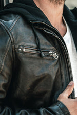Black and cognac lambskin jacket with removable hood and biker edge. - Image n°9