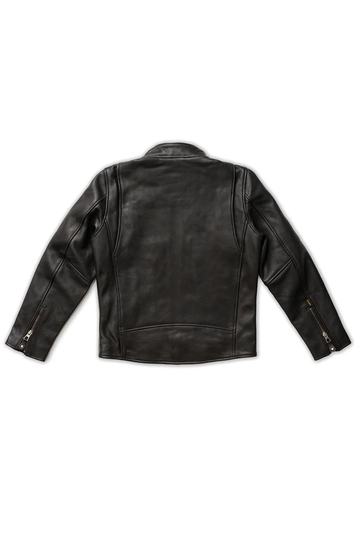 Thick black leather jacket with biker collar - Image n°13