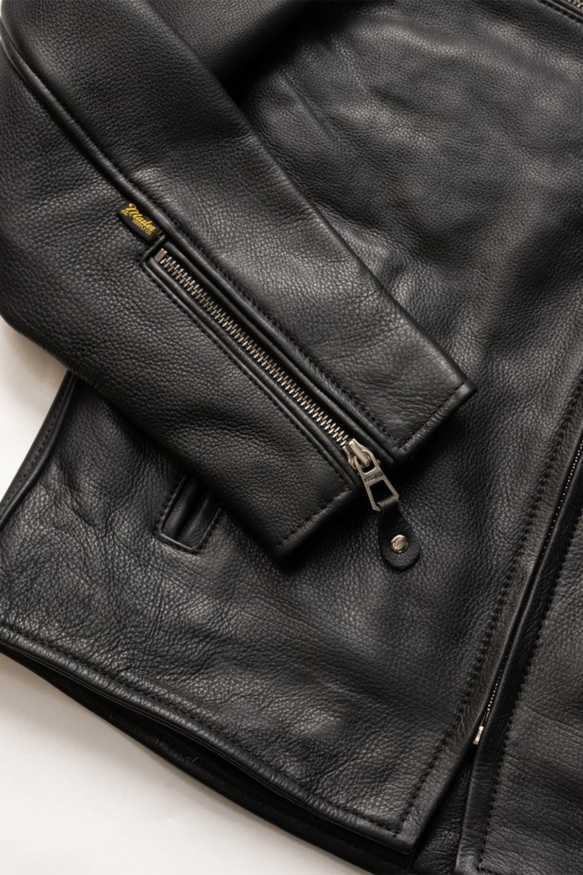 Thick black leather jacket with biker collar - Image n°6
