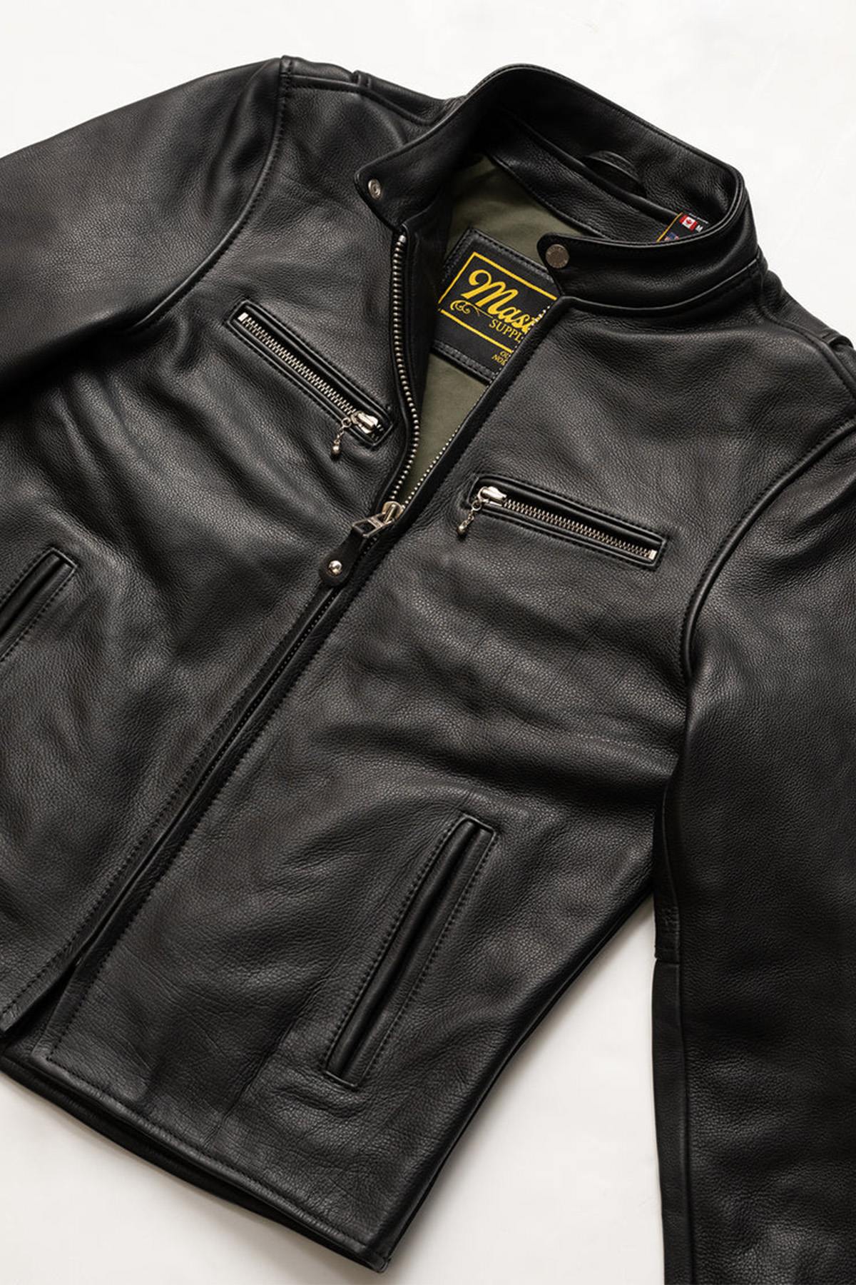 Thick black leather jacket with biker collar - Image n°4