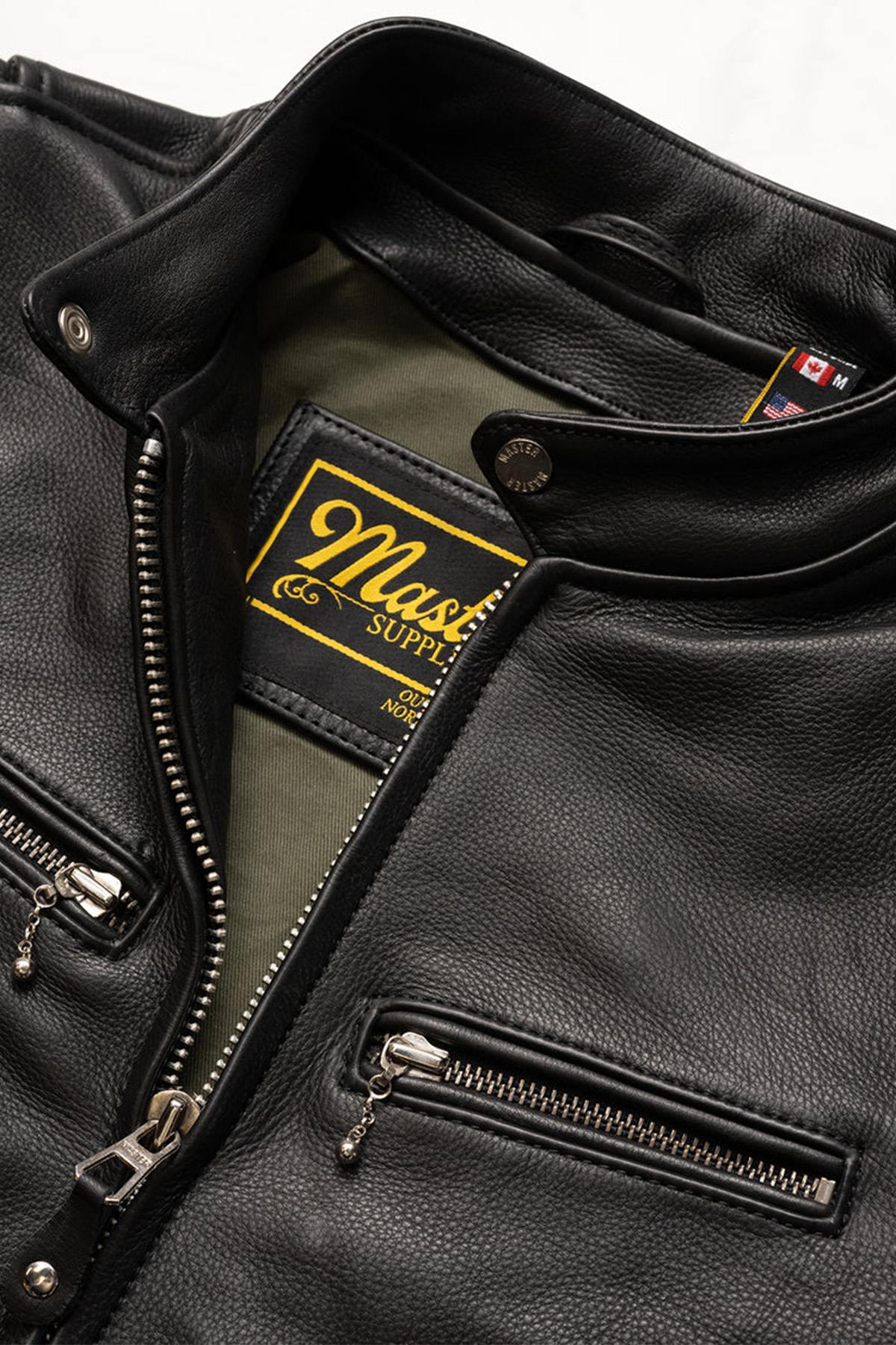 Thick black leather jacket with biker collar - Image n°14