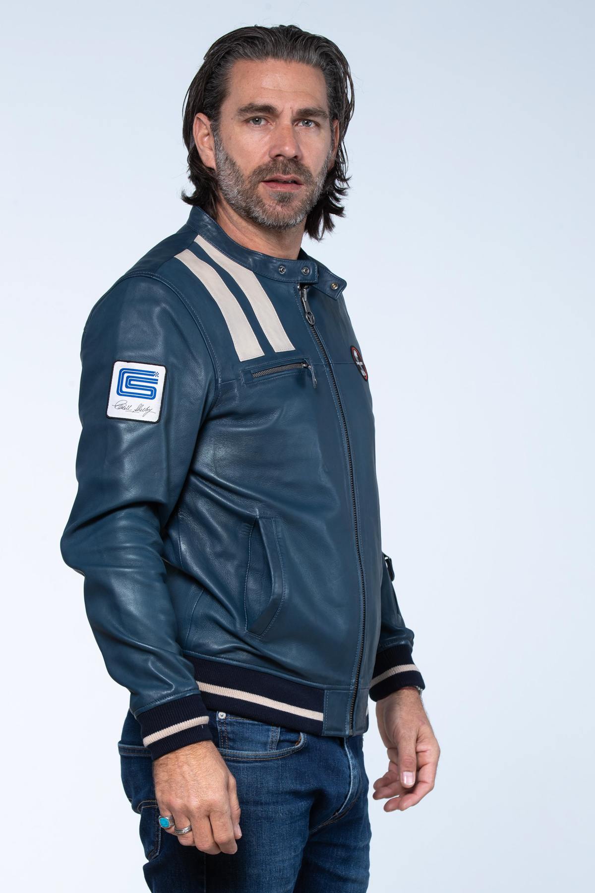 Royal blue sheep leather jacket inspired by Shelby Cobra's legacy. - Image n°2