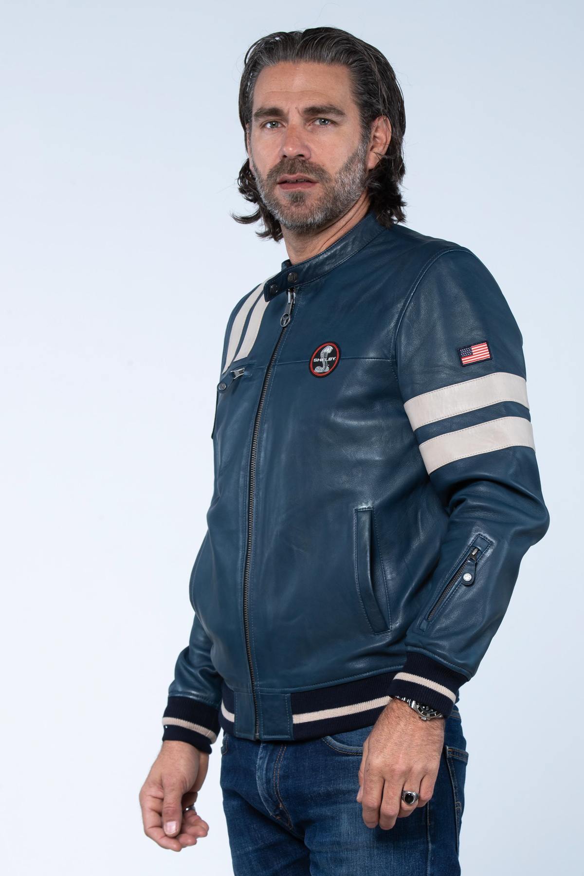 Royal blue sheep leather jacket inspired by Shelby Cobra's legacy. - Image n°4