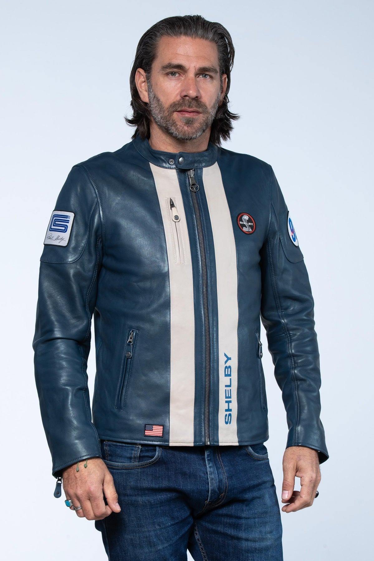 Royal blue sheepskin jacket, lightweight and racing-inspired. - Image n°6