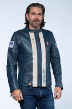 Royal blue sheepskin jacket, lightweight and racing-inspired. - Image n°6